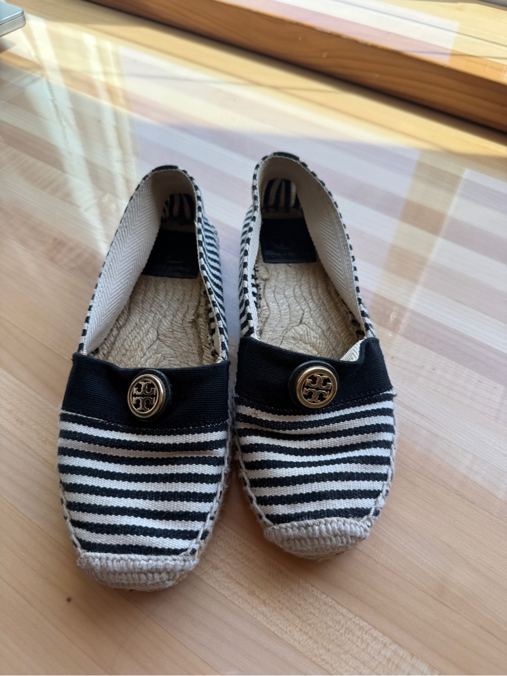 Tory Burch Beacher Striped‎ Canvas Espadrille Flats with Gold Logo